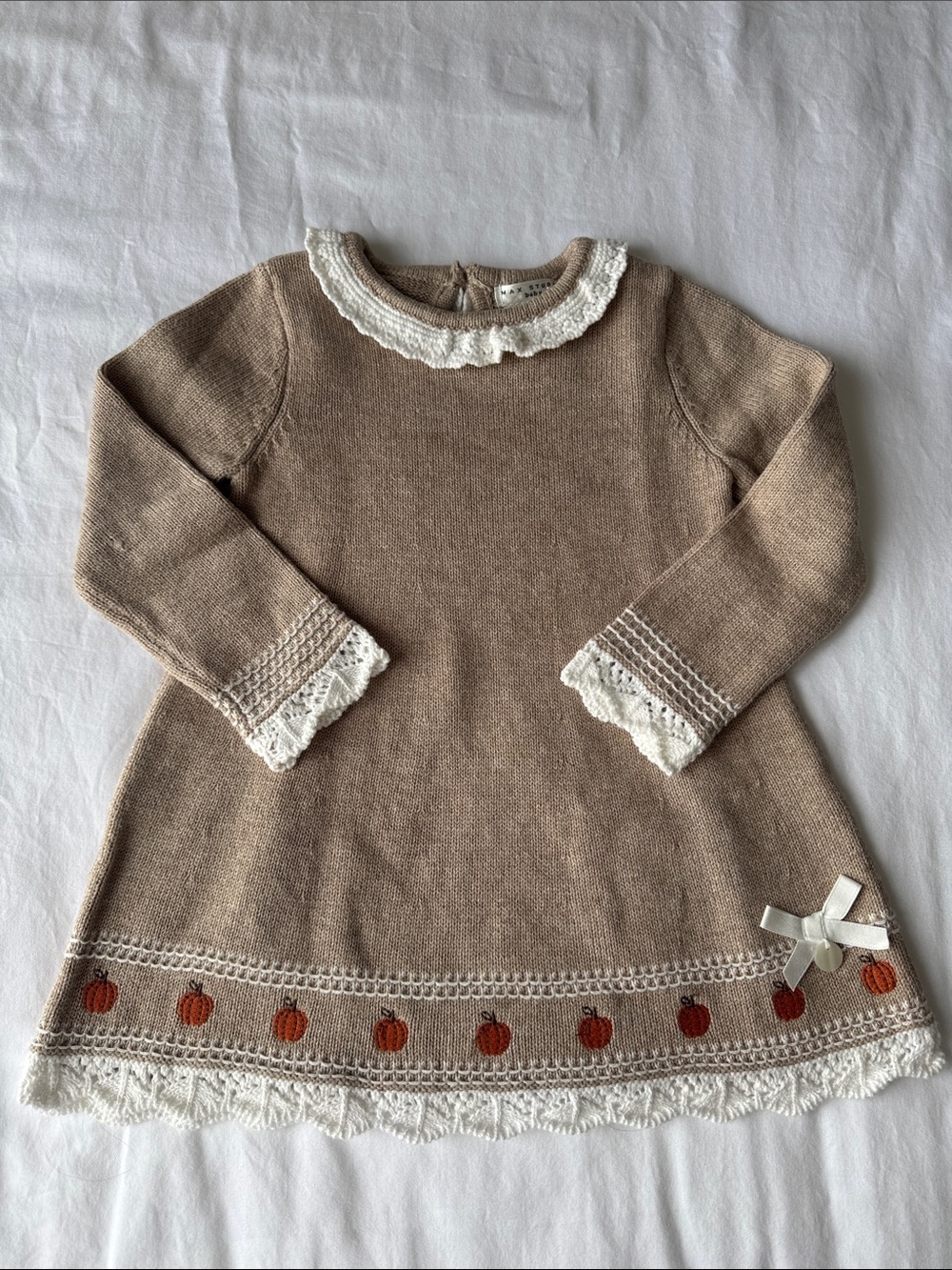 Max Studio Tan Knit Long-Sleeve Dress with Cream Trim and Pumpkin Accent, 12-18